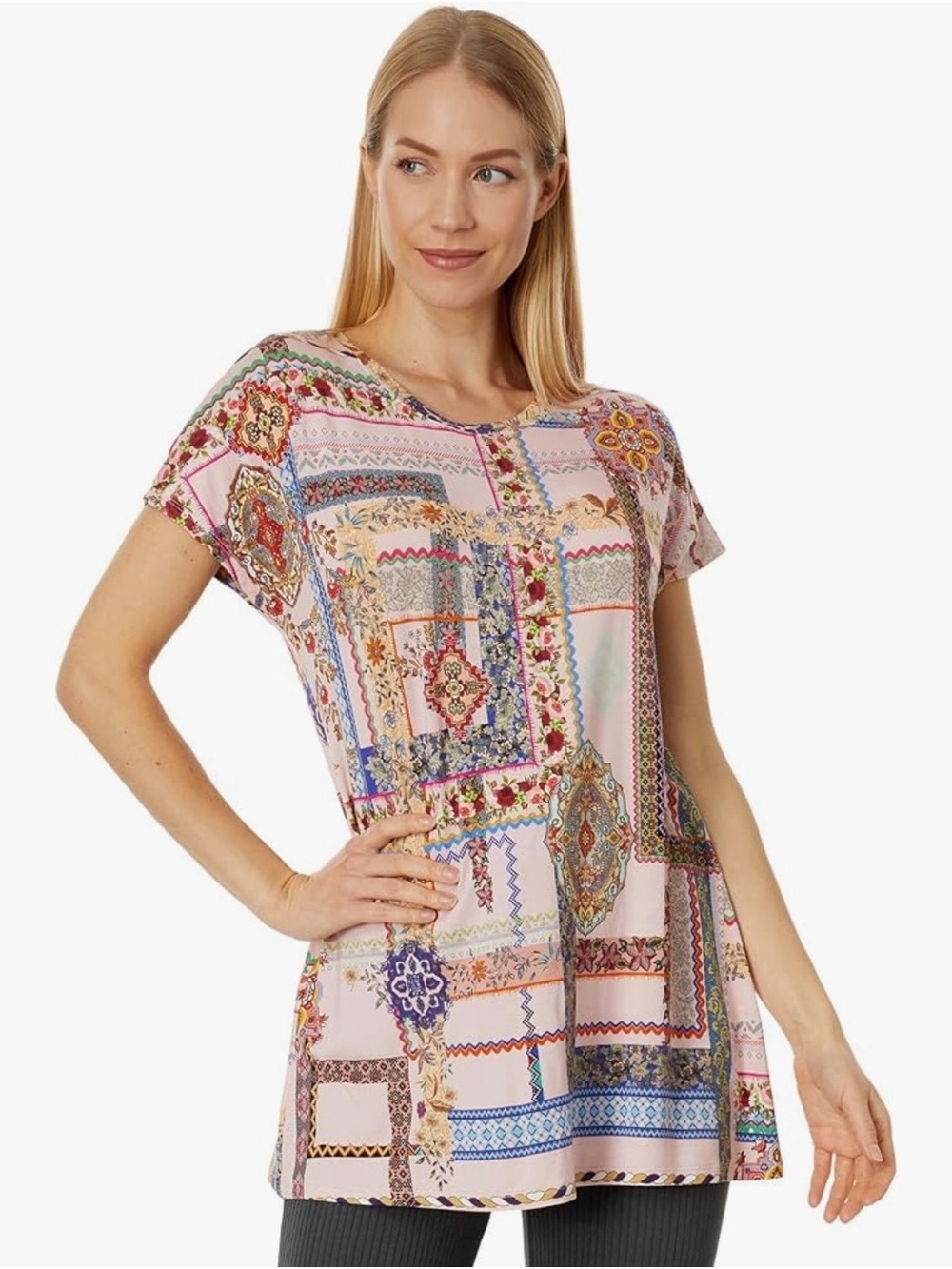 Johnny Was Stano Relaxed Dolman Sleeve Tunic. Pink with multicolor design. Lg.